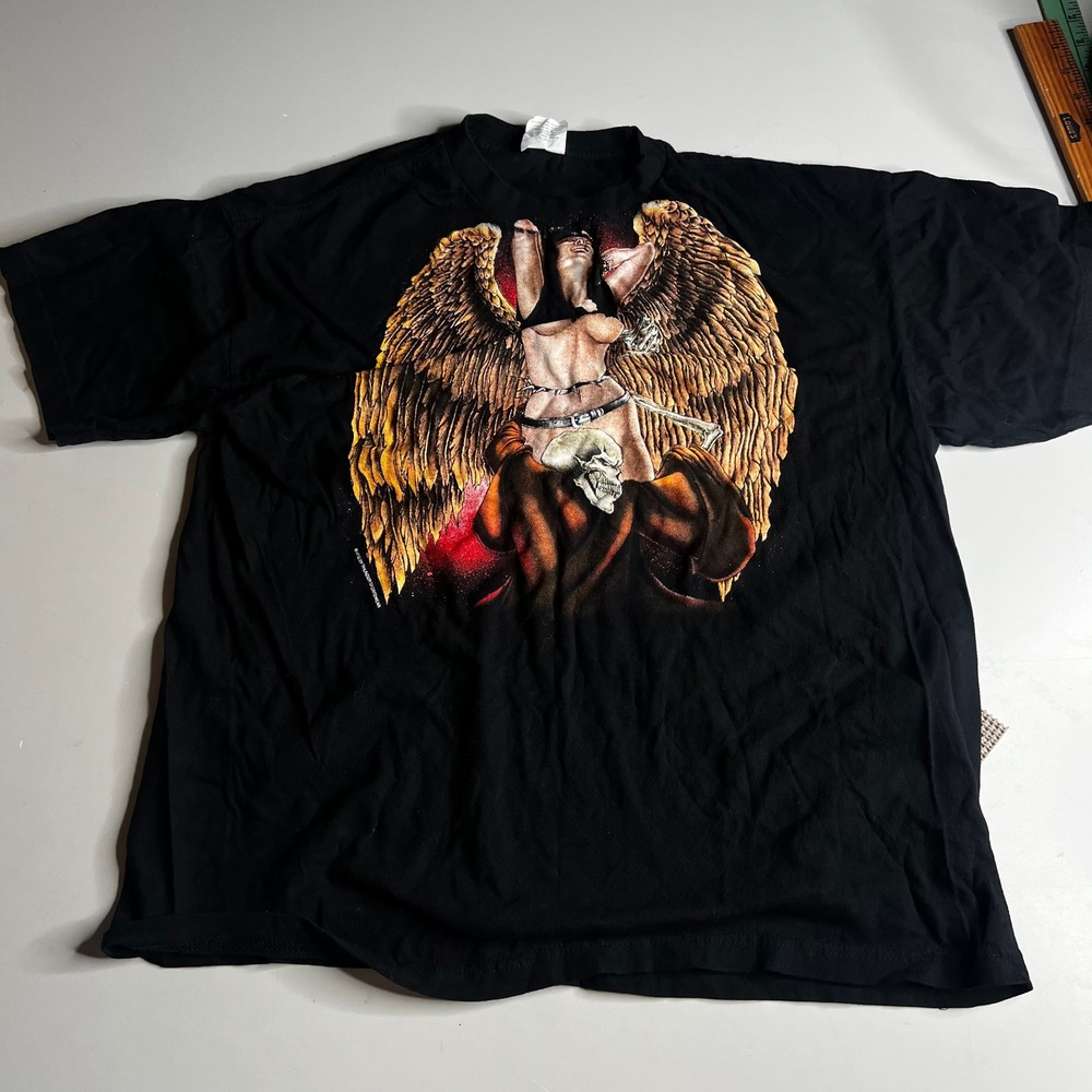 Vintage Thunder Sportswear Graphic T-Shirt XL Black Gothic Angel Skull Art Tee
